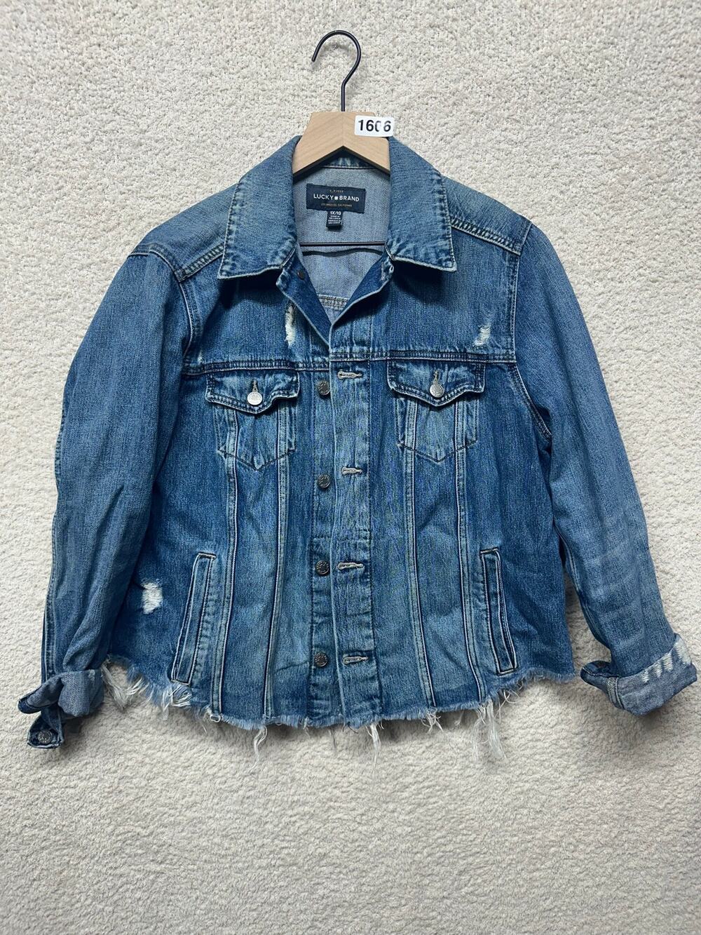 Lucky Brand The Tomboy Trucker Denim Jacket 1X Distressed Raw Hem Blue Jean